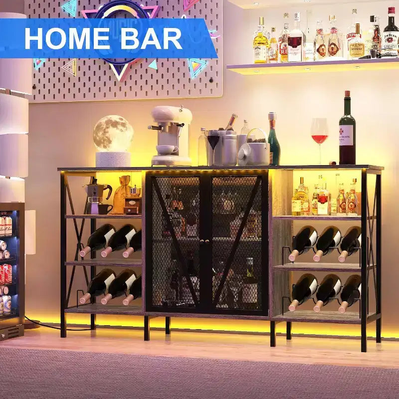 Meuble bar à vin 55", armoire à liqueurs moderne avec porte grillagée et casier à vin, buffet de cuisine pour salon, cuisine, entrée