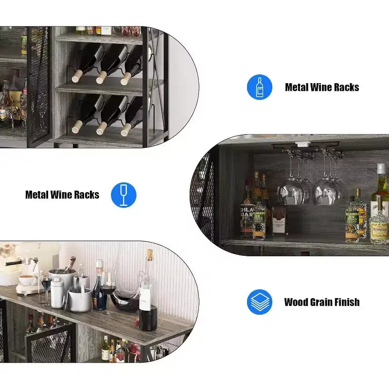 Meuble bar à vin 55", armoire à liqueurs moderne avec porte grillagée et casier à vin, buffet de cuisine pour salon, cuisine, entrée