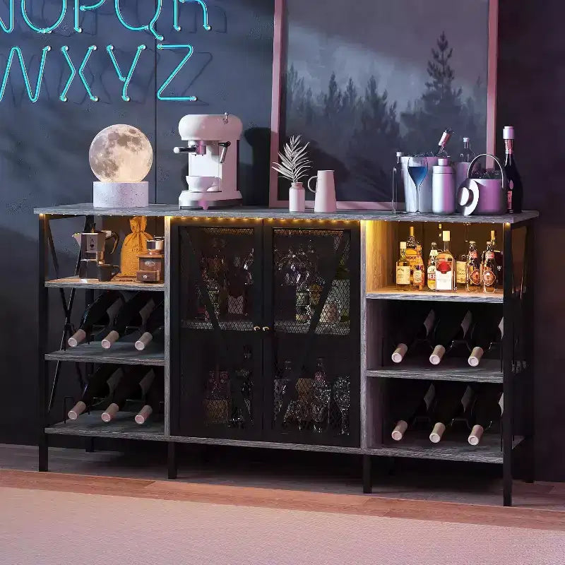 Meuble bar à vin 55", armoire à liqueurs moderne avec porte grillagée et casier à vin, buffet de cuisine pour salon, cuisine, entrée
