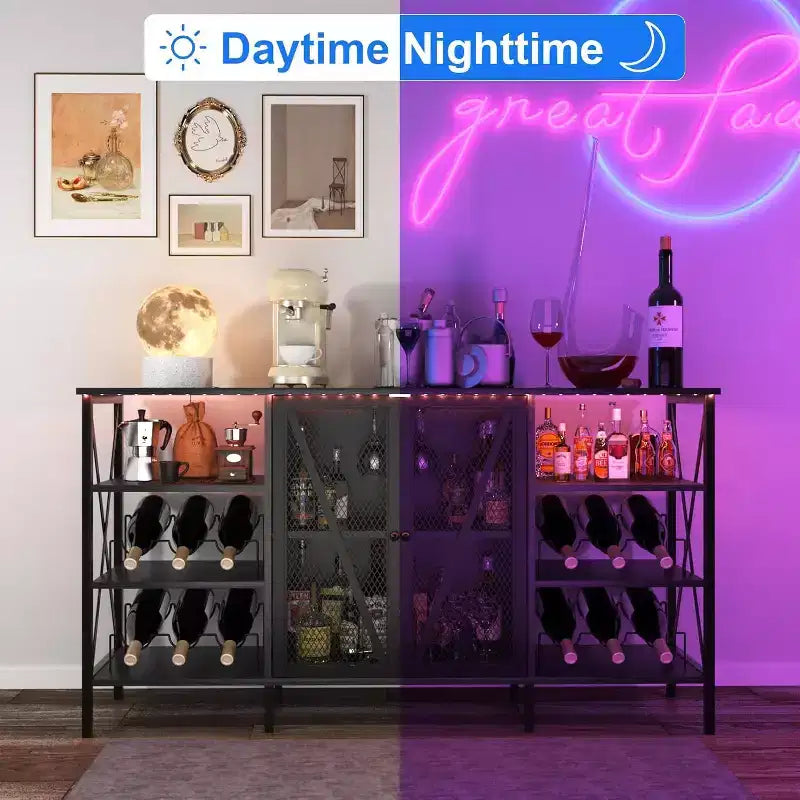 Meuble bar à vin 55", armoire à liqueurs moderne avec porte grillagée et casier à vin, buffet de cuisine pour salon, cuisine, entrée