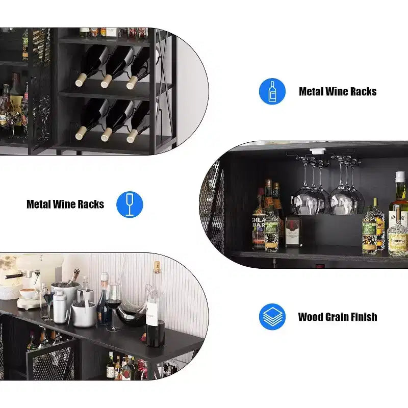 Meuble bar à vin 55", armoire à liqueurs moderne avec porte grillagée et casier à vin, buffet de cuisine pour salon, cuisine, entrée
