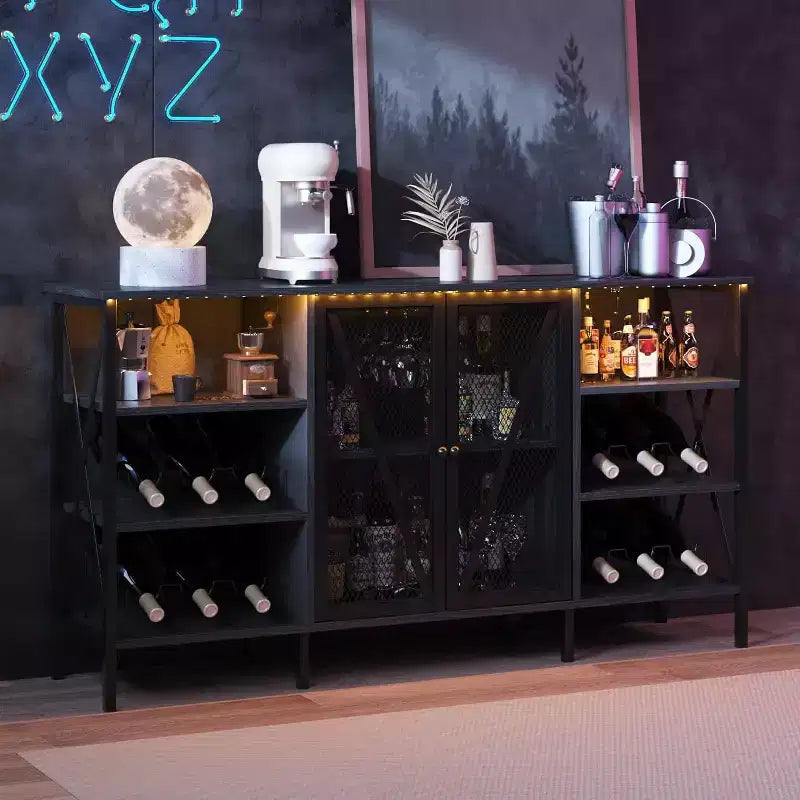 55 Wine Bar Cabinet, Modern Liquor Cabinet Station with Wine Rack & Mesh Door, Kitchen Sideboard Buffet Cabinet for Living Room, Kitchen, Entryway