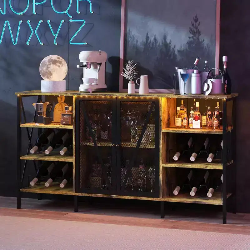 Meuble bar à vin 55", armoire à liqueurs moderne avec porte grillagée et casier à vin, buffet de cuisine pour salon, cuisine, entrée