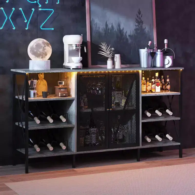 Meuble bar à vin 55", armoire à liqueurs moderne avec porte grillagée et casier à vin, buffet de cuisine pour salon, cuisine, entrée