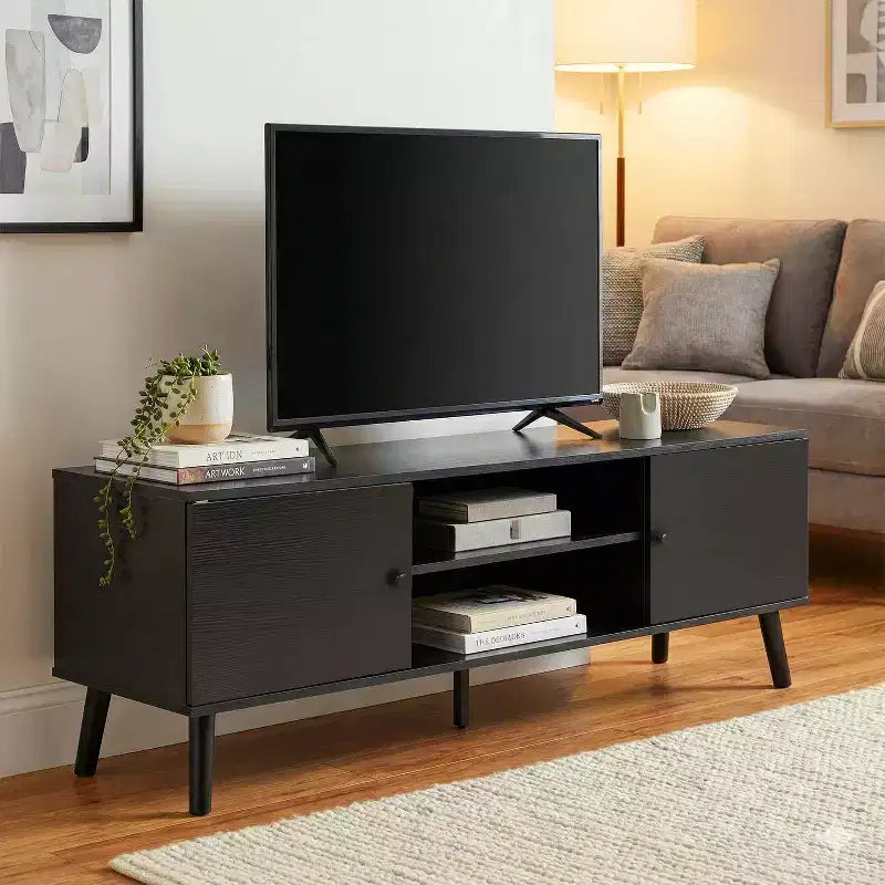 Meuble TV Bestmassage pour téléviseur à écran plat de 55 pouces, console média en bois robuste avec étagère réglable