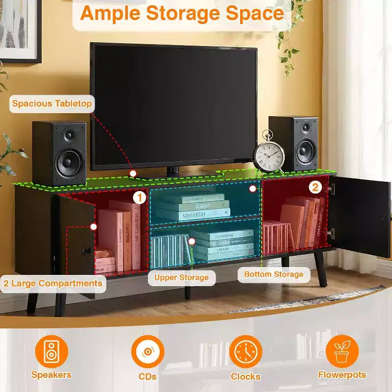 Meuble TV Bestmassage pour téléviseur à écran plat de 55 pouces, console média en bois robuste avec étagère réglable