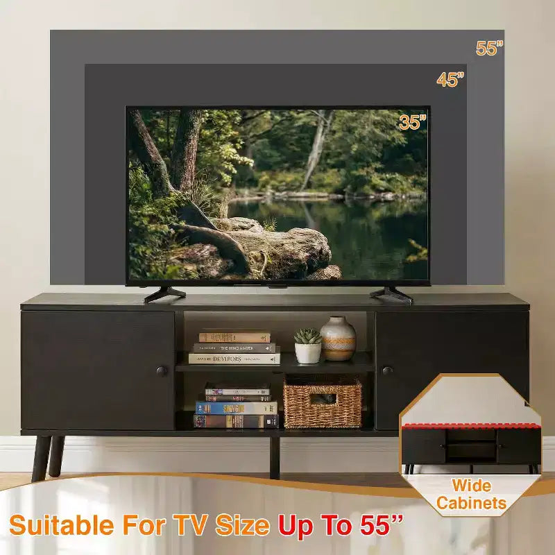 Meuble TV Bestmassage pour téléviseur à écran plat de 55 pouces, console média en bois robuste avec étagère réglable