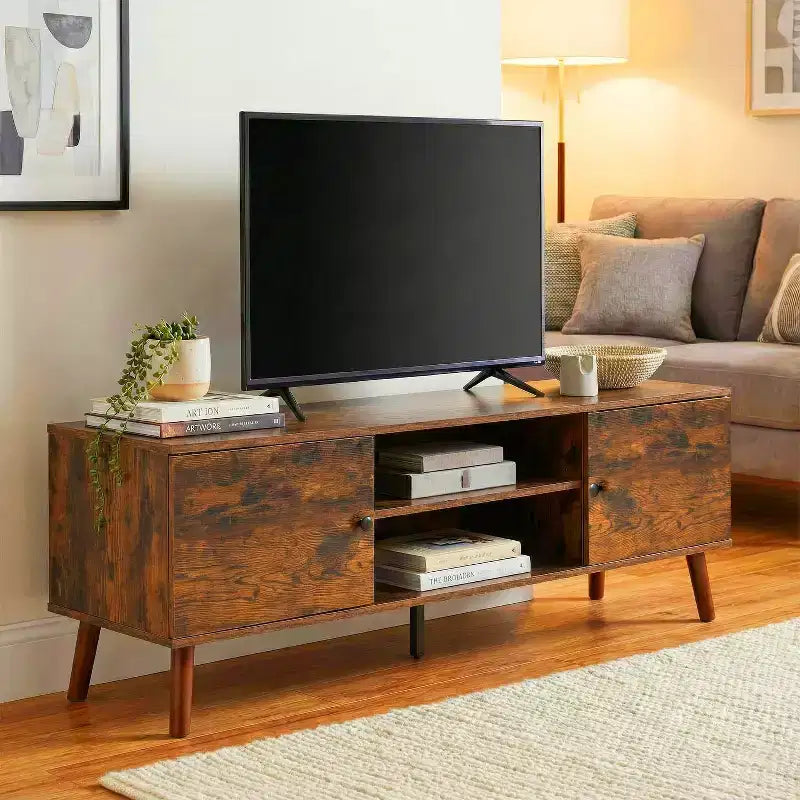 Meuble TV Bestmassage pour téléviseur à écran plat de 55 pouces, console média en bois robuste avec étagère réglable