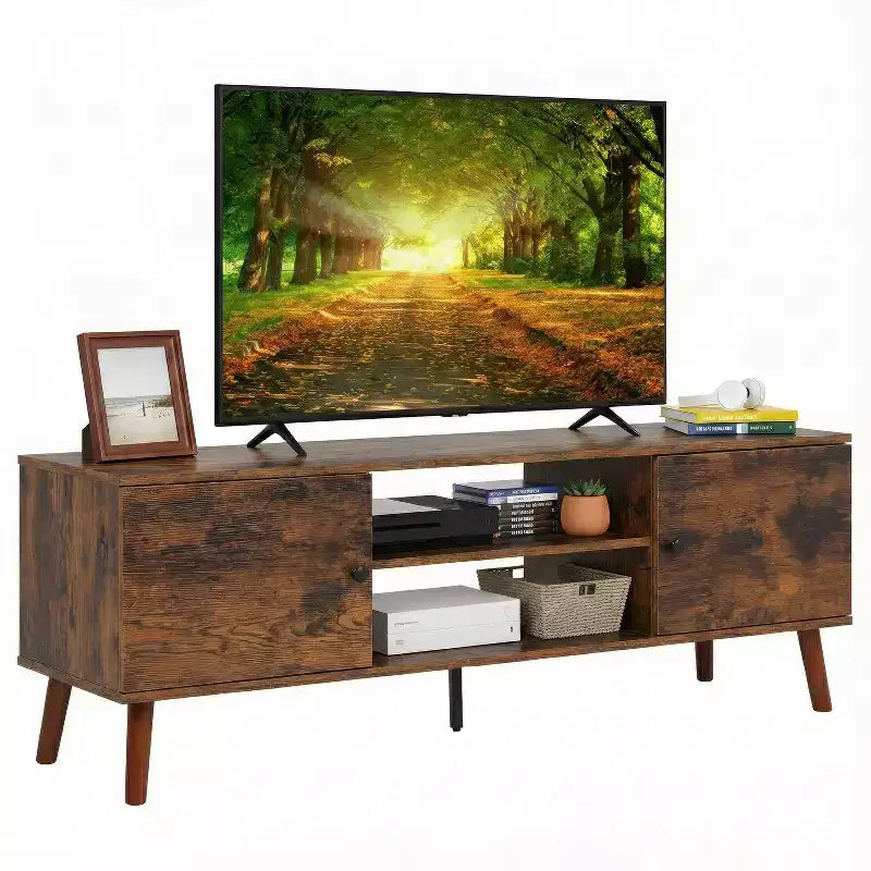 Meuble TV Bestmassage pour téléviseur à écran plat de 55 pouces, console média en bois robuste avec étagère réglable