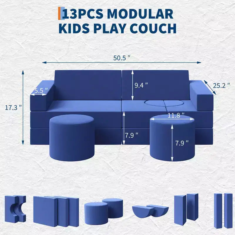 Canapé de jeu modulaire 13 pièces pour enfants, ensemble de jeu en mousse à grimper et ramper, canapé sectionnel en velours lavable, chaise de sol convertible pour salon