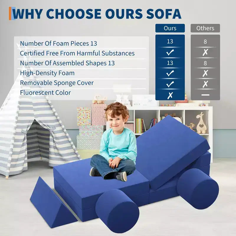 Canapé de jeu modulaire 13 pièces pour enfants, ensemble de jeu en mousse à grimper et ramper, canapé sectionnel en velours lavable, chaise de sol convertible pour salon