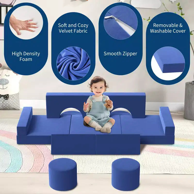 Canapé de jeu modulaire 13 pièces pour enfants, ensemble de jeu en mousse à grimper et ramper, canapé sectionnel en velours lavable, chaise de sol convertible pour salon