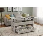 Table Basse Relevable Double avec Rangement Spacieux - Table Multifonctionnelle Rustique Style Ferme Gris Clair pour Salon et Bureau à Domicile