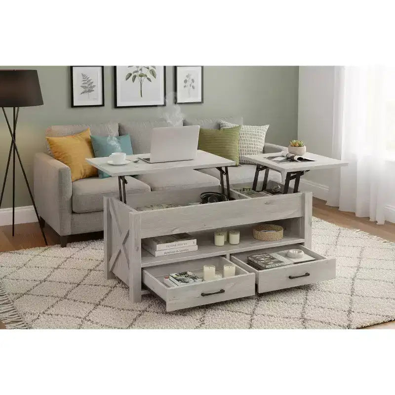 Table Basse Relevable Double avec Rangement Spacieux - Table Multifonctionnelle Rustique Style Ferme Gris Clair pour Salon et Bureau à Domicile