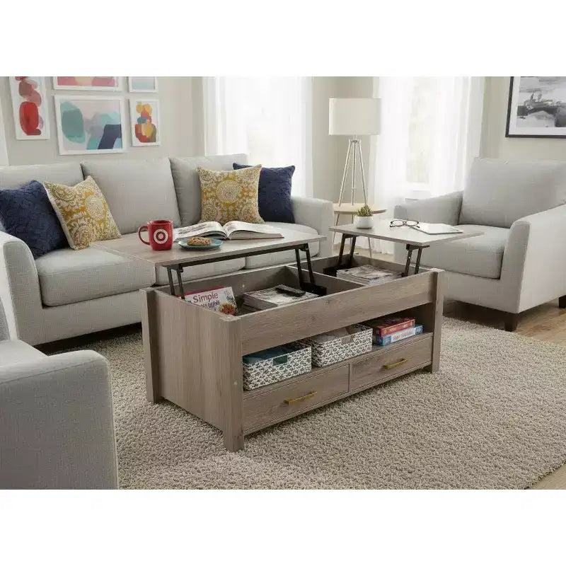 Table Basse Relevable Double avec Rangement Spacieux - Table Multifonctionnelle Rustique Style Ferme Gris Clair pour Salon et Bureau à Domicile