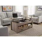 Table Basse Relevable Double avec Rangement Spacieux - Table Multifonctionnelle Rustique Style Ferme Gris Clair pour Salon et Bureau à Domicile