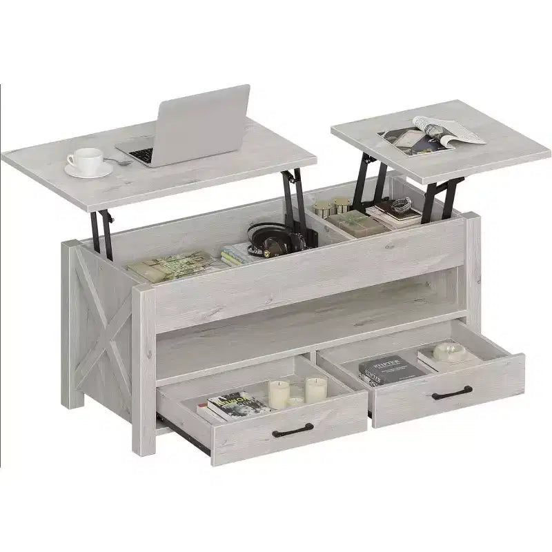 Dual Lift Top Coffee Table with Spacious Storage - Rustic Farmhouse Light Gray Multi-Functional Table for Living Room & Home Office