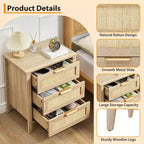 Table de chevet en rotin COZONY - 3 tiroirs en osier naturel, table de chevet de rangement bohème pour chambre à coucher, salon, finition bois naturel