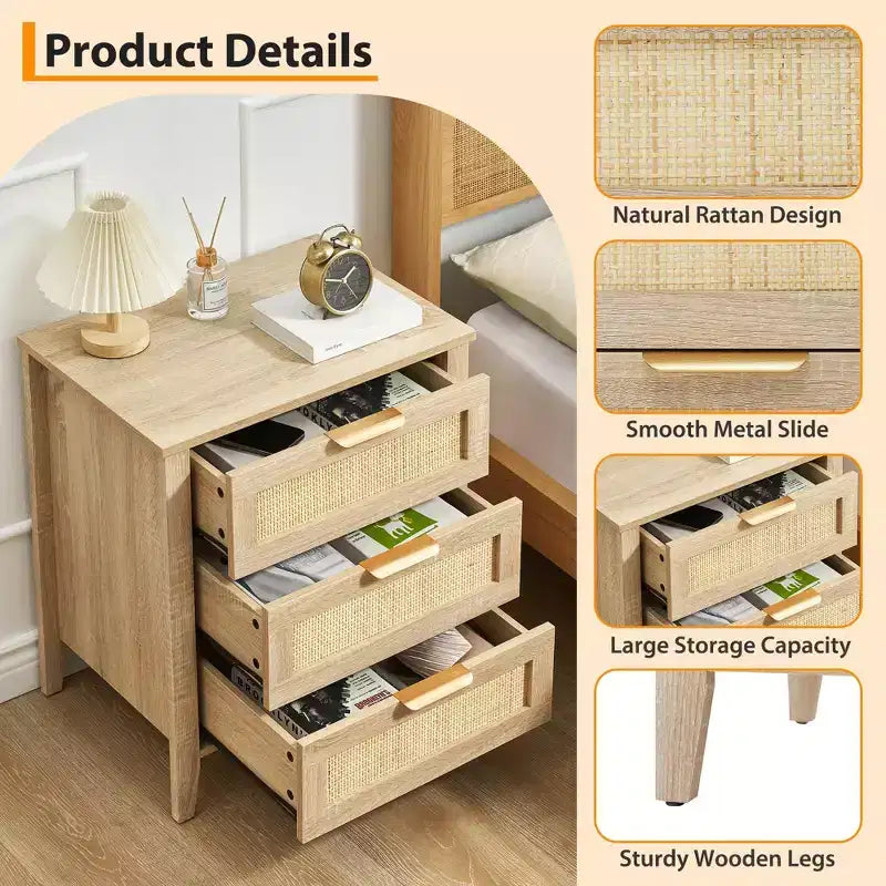 Table de chevet en rotin COZONY - 3 tiroirs en osier naturel, table de chevet de rangement bohème pour chambre à coucher, salon, finition bois naturel