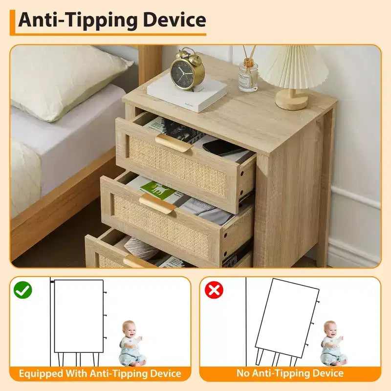 Table de chevet en rotin COZONY - 3 tiroirs en osier naturel, table de chevet de rangement bohème pour chambre à coucher, salon, finition bois naturel