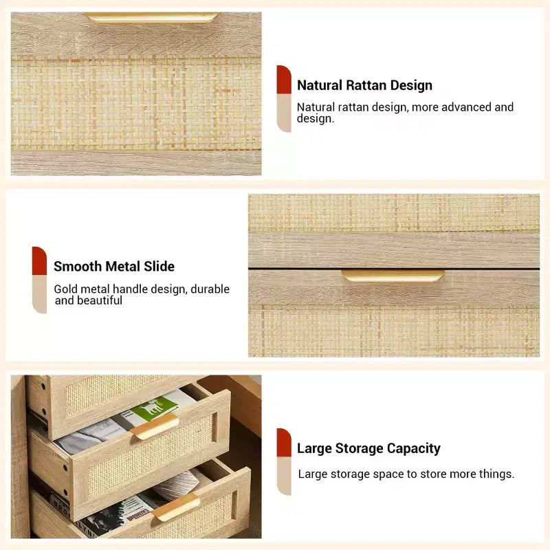 Table de chevet en rotin COZONY - 3 tiroirs en osier naturel, table de chevet de rangement bohème pour chambre à coucher, salon, finition bois naturel