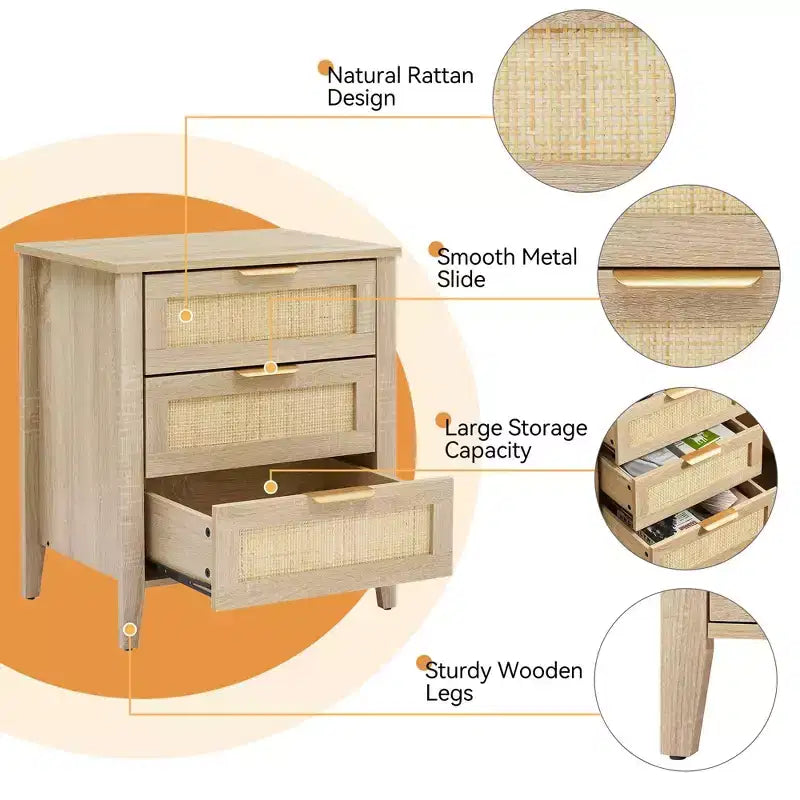 Table de chevet en rotin COZONY - 3 tiroirs en osier naturel, table de chevet de rangement bohème pour chambre à coucher, salon, finition bois naturel