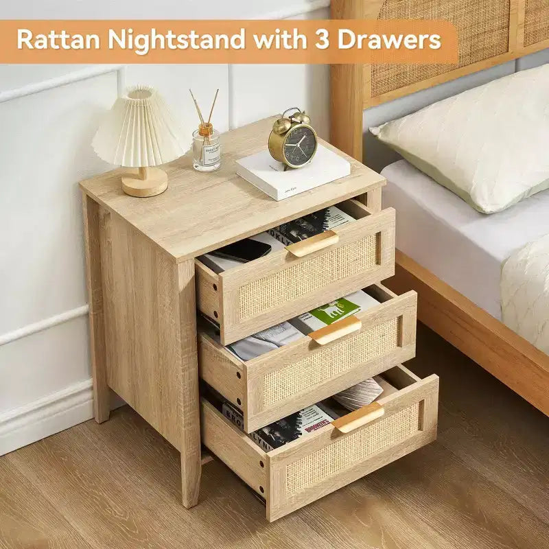 Table de chevet en rotin COZONY - 3 tiroirs en osier naturel, table de chevet de rangement bohème pour chambre à coucher, salon, finition bois naturel