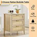 Table de chevet en rotin COZONY - 3 tiroirs en osier naturel, table de chevet de rangement bohème pour chambre à coucher, salon, finition bois naturel