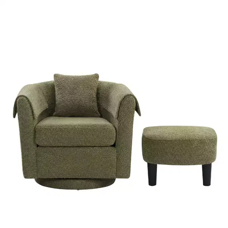 Fauteuil pivotant moderne Okak avec pouf, Fauteuil club en chenille avec coussin de dossier amovible et 2 housses d'accoudoirs, Fauteuil de lecture