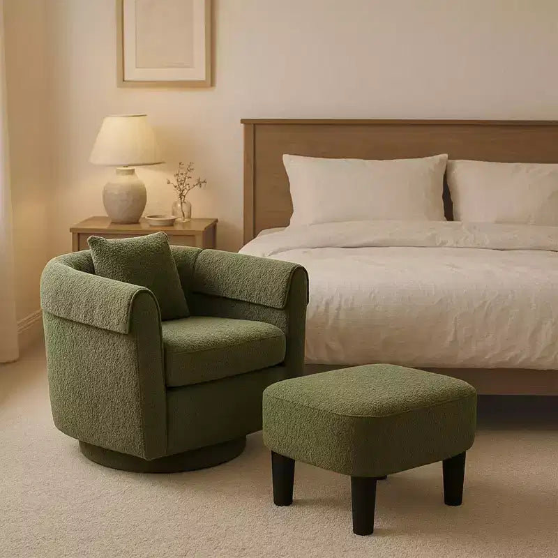 Fauteuil pivotant moderne Okak avec pouf, Fauteuil club en chenille avec coussin de dossier amovible et 2 housses d'accoudoirs, Fauteuil de lecture