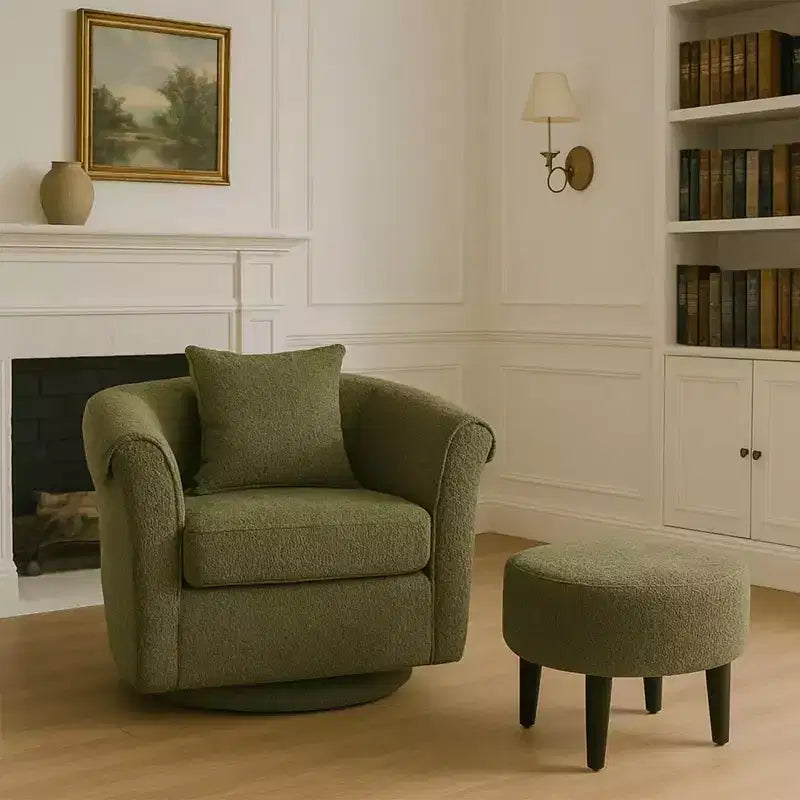 Fauteuil pivotant moderne Okak avec pouf, Fauteuil club en chenille avec coussin de dossier amovible et 2 housses d'accoudoirs, Fauteuil de lecture