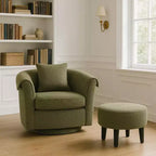 Fauteuil pivotant moderne Okak avec pouf, Fauteuil club en chenille avec coussin de dossier amovible et 2 housses d'accoudoirs, Fauteuil de lecture