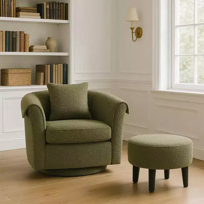 Fauteuil pivotant moderne Okak avec pouf, Fauteuil club en chenille avec coussin de dossier amovible et 2 housses d'accoudoirs, Fauteuil de lecture
