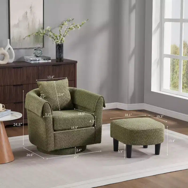 Fauteuil pivotant moderne Okak avec pouf, Fauteuil club en chenille avec coussin de dossier amovible et 2 housses d'accoudoirs, Fauteuil de lecture