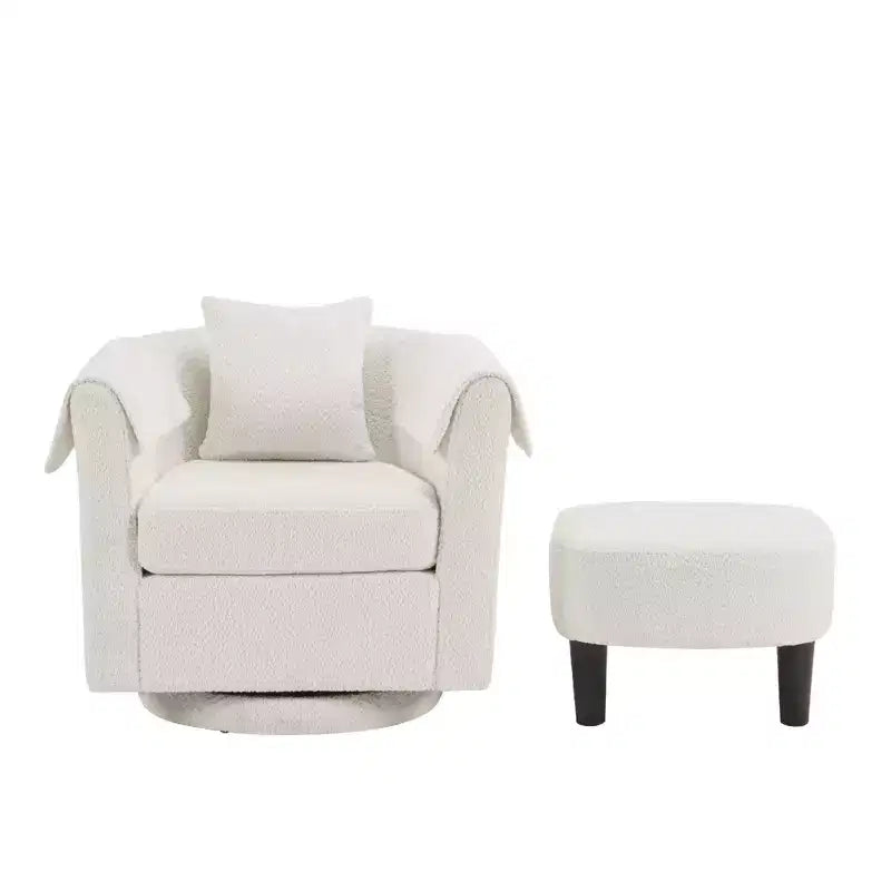 Fauteuil pivotant moderne Okak avec pouf, Fauteuil club en chenille avec coussin de dossier amovible et 2 housses d'accoudoirs, Fauteuil de lecture