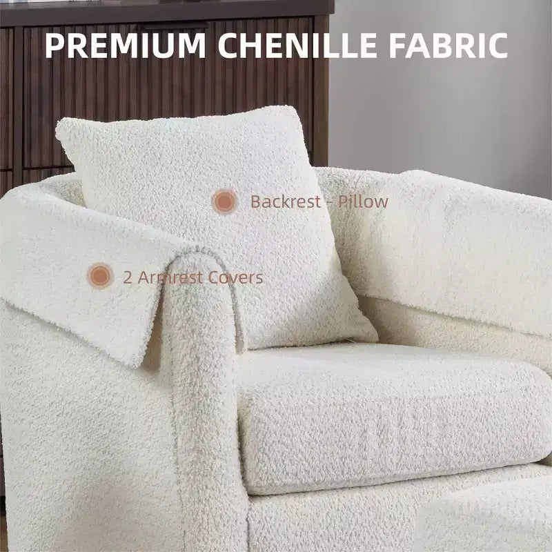 Fauteuil pivotant moderne Okak avec pouf, Fauteuil club en chenille avec coussin de dossier amovible et 2 housses d'accoudoirs, Fauteuil de lecture