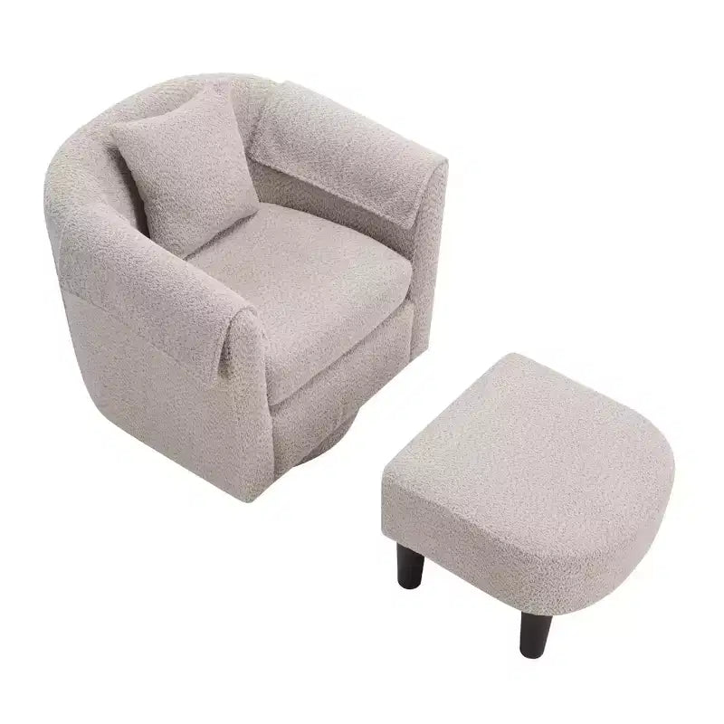 Fauteuil pivotant moderne Okak avec pouf, Fauteuil club en chenille avec coussin de dossier amovible et 2 housses d'accoudoirs, Fauteuil de lecture