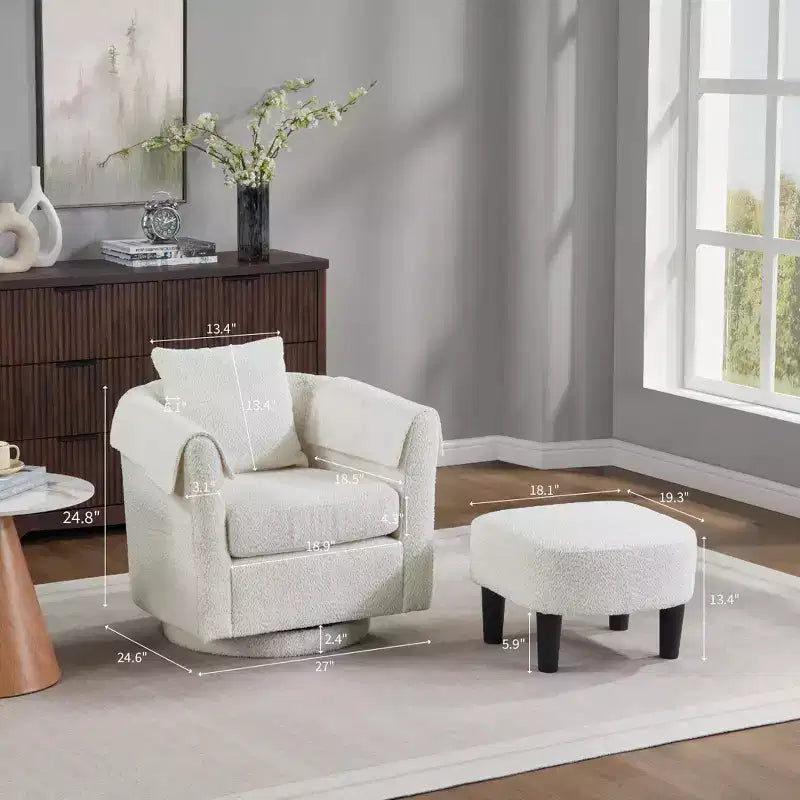 Fauteuil pivotant moderne Okak avec pouf, Fauteuil club en chenille avec coussin de dossier amovible et 2 housses d'accoudoirs, Fauteuil de lecture