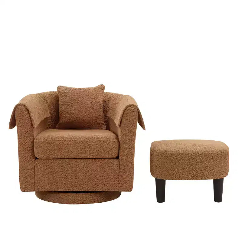 Fauteuil pivotant moderne Okak avec pouf, Fauteuil club en chenille avec coussin de dossier amovible et 2 housses d'accoudoirs, Fauteuil de lecture