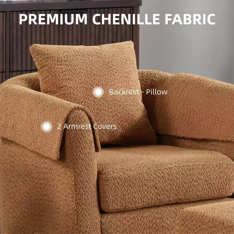Fauteuil pivotant moderne Okak avec pouf, Fauteuil club en chenille avec coussin de dossier amovible et 2 housses d'accoudoirs, Fauteuil de lecture