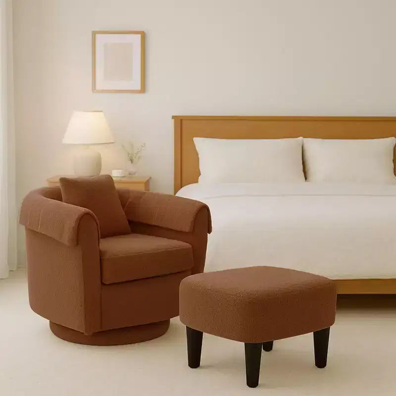 Fauteuil pivotant moderne Okak avec pouf, Fauteuil club en chenille avec coussin de dossier amovible et 2 housses d'accoudoirs, Fauteuil de lecture