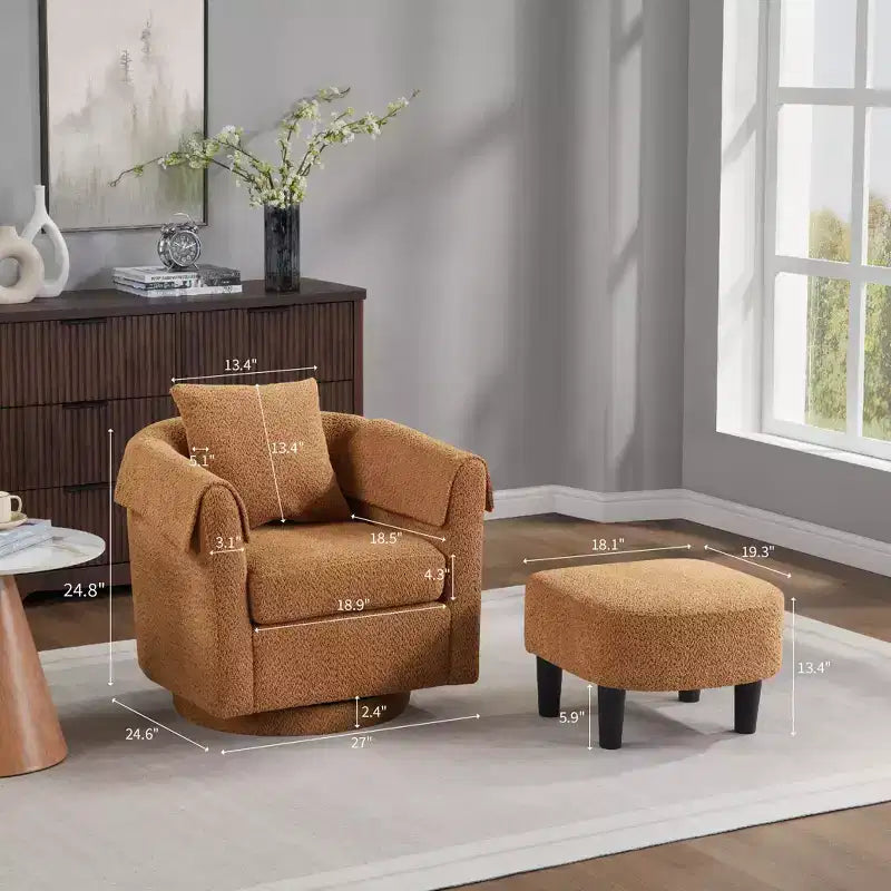 Fauteuil pivotant moderne Okak avec pouf, Fauteuil club en chenille avec coussin de dossier amovible et 2 housses d'accoudoirs, Fauteuil de lecture