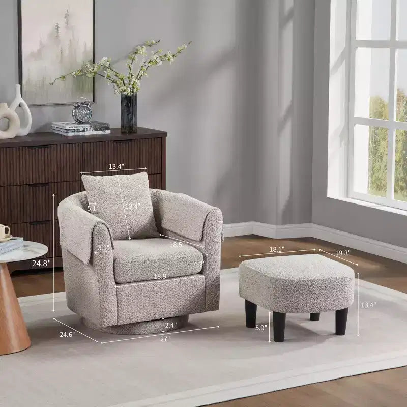 Fauteuil pivotant moderne Okak avec pouf, Fauteuil club en chenille avec coussin de dossier amovible et 2 housses d'accoudoirs, Fauteuil de lecture