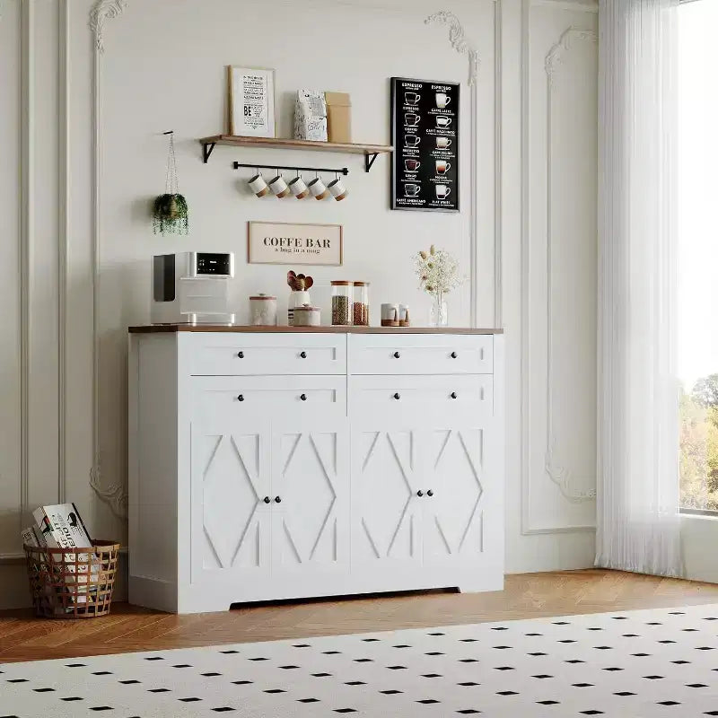 Bahut moderne avec rangement, buffet de ferme avec 4 portes et 4 tiroirs, grand bahut en bois pour salle à manger, cuisine, blanc