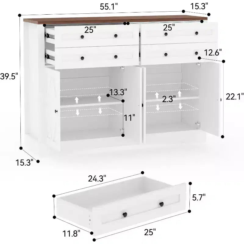Bahut moderne avec rangement, buffet de ferme avec 4 portes et 4 tiroirs, grand bahut en bois pour salle à manger, cuisine, blanc