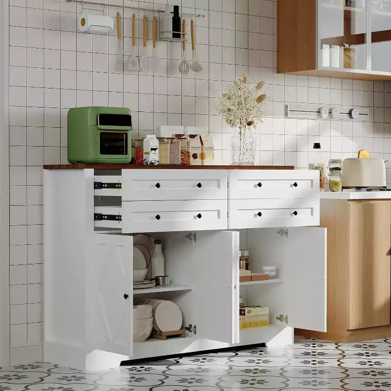 Bahut moderne avec rangement, buffet de ferme avec 4 portes et 4 tiroirs, grand bahut en bois pour salle à manger, cuisine, blanc