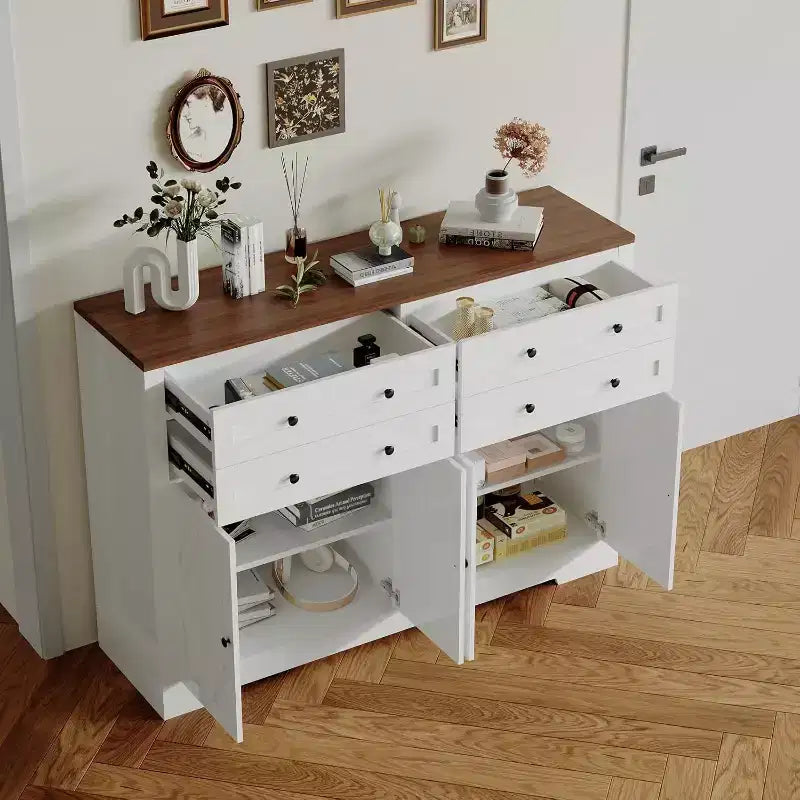 Bahut moderne avec rangement, buffet de ferme avec 4 portes et 4 tiroirs, grand bahut en bois pour salle à manger, cuisine, blanc