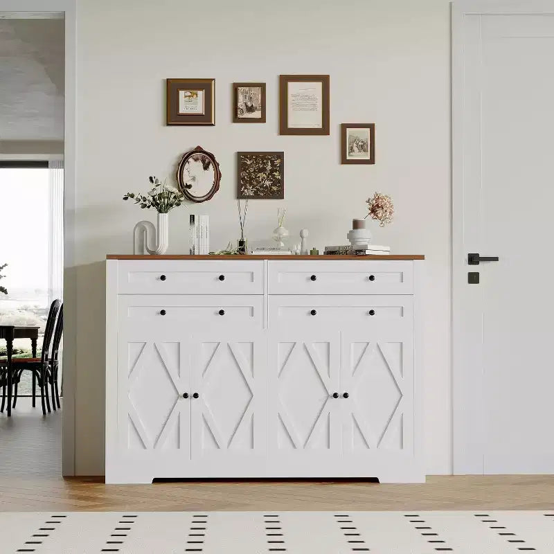 Bahut moderne avec rangement, buffet de ferme avec 4 portes et 4 tiroirs, grand bahut en bois pour salle à manger, cuisine, blanc