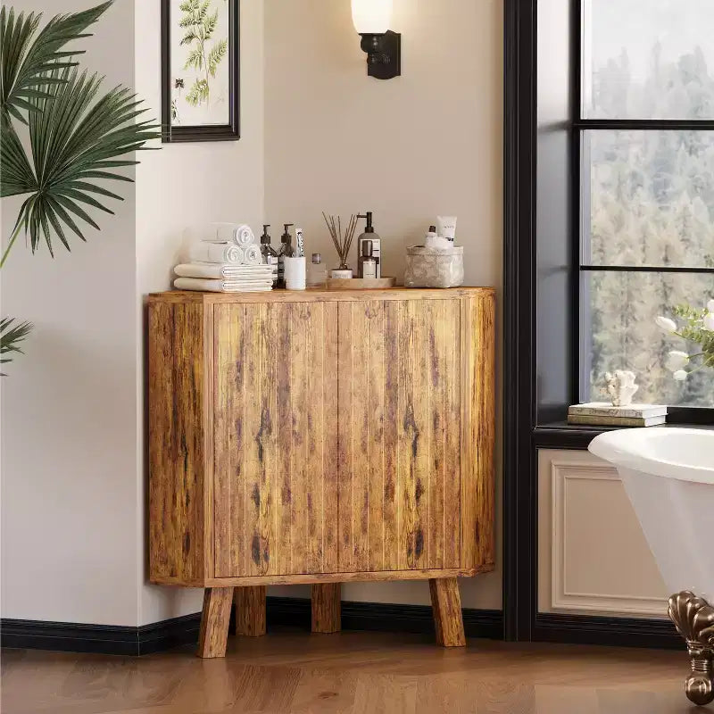 Meuble d'angle cannelé, Armoire de salle de bain autoportante avec étagère réglable, Meuble de rangement étroit pour cuisine, salon et salle de bain