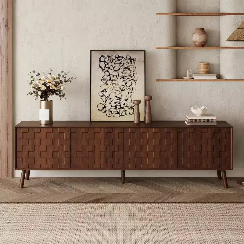 JVNOXK 70inch Modern TV Stand for TVs up to 80 inches for Living Room, Entertainment Center with Solid Wood Legs, Soft Closing Hinges